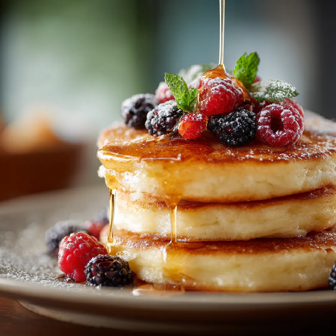 served-mochi-buttermilk-pancakes Served mochi buttermilk pancakes with syrup and berries