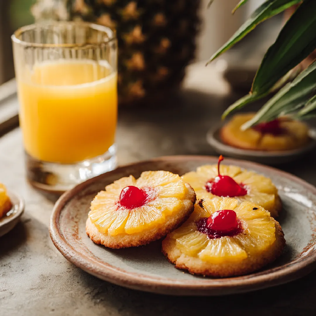 served-pineapple-upside-down-sugar-cookies Cookies displayed next to orange juice