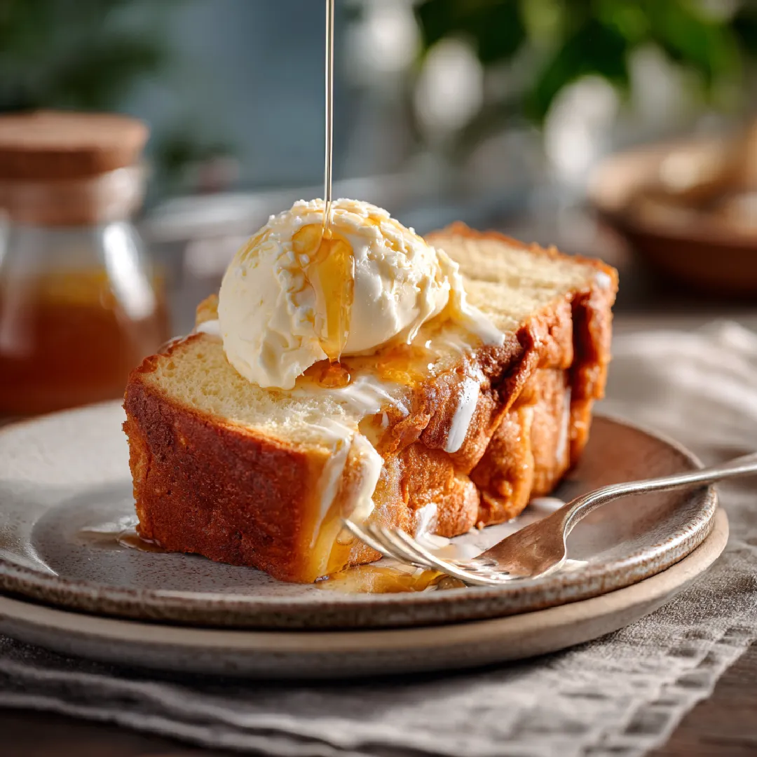 serving-slice-ice-cream-bread-butter Slice of ice cream bread with melted butter on a plate