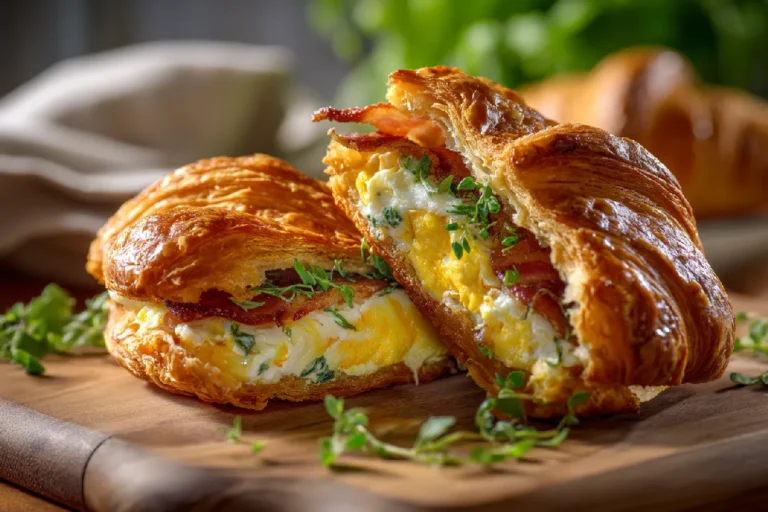 Easy Breakfast Croissant Sandwich 3 Close-up of sliced croissant sandwich