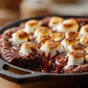 toasted marshmallow topping on skillet brownie