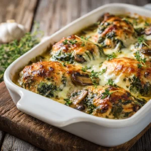 spinach and mushroom chicken bake recipe in a baking dish