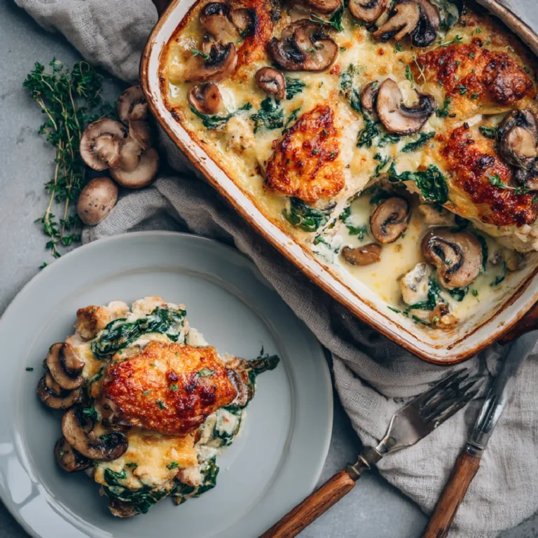 Spinach and Mushroom Chicken Bake 3 spinach and mushroom chicken bake on plate and in dish