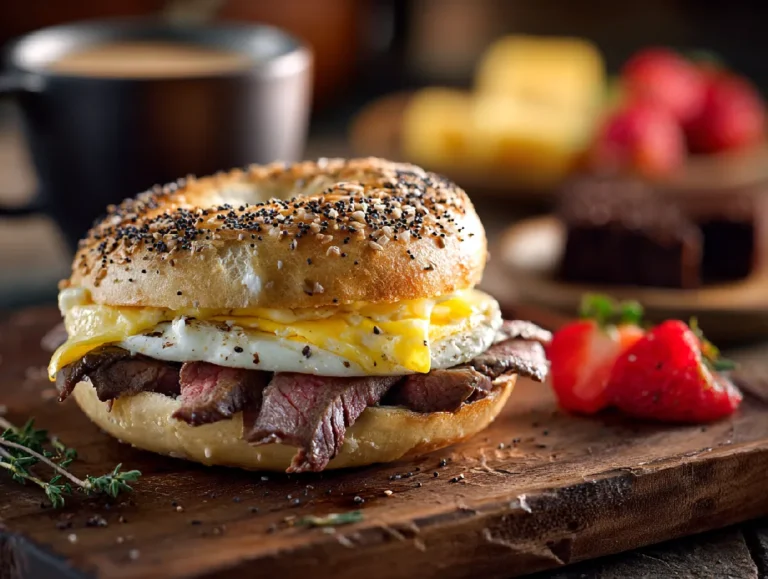 Copycat McDonalds Steak Egg Cheese Bagel 3 Copycat McDonalds sandwich served with fruit