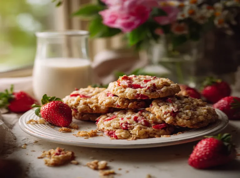Strawberry Crunch Cookies 3 Freshly baked strawberry crunch cookies with milk