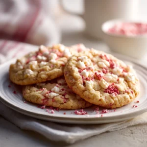 Strawberry Crunch Cookies served on a rustic plate with pink crumble
