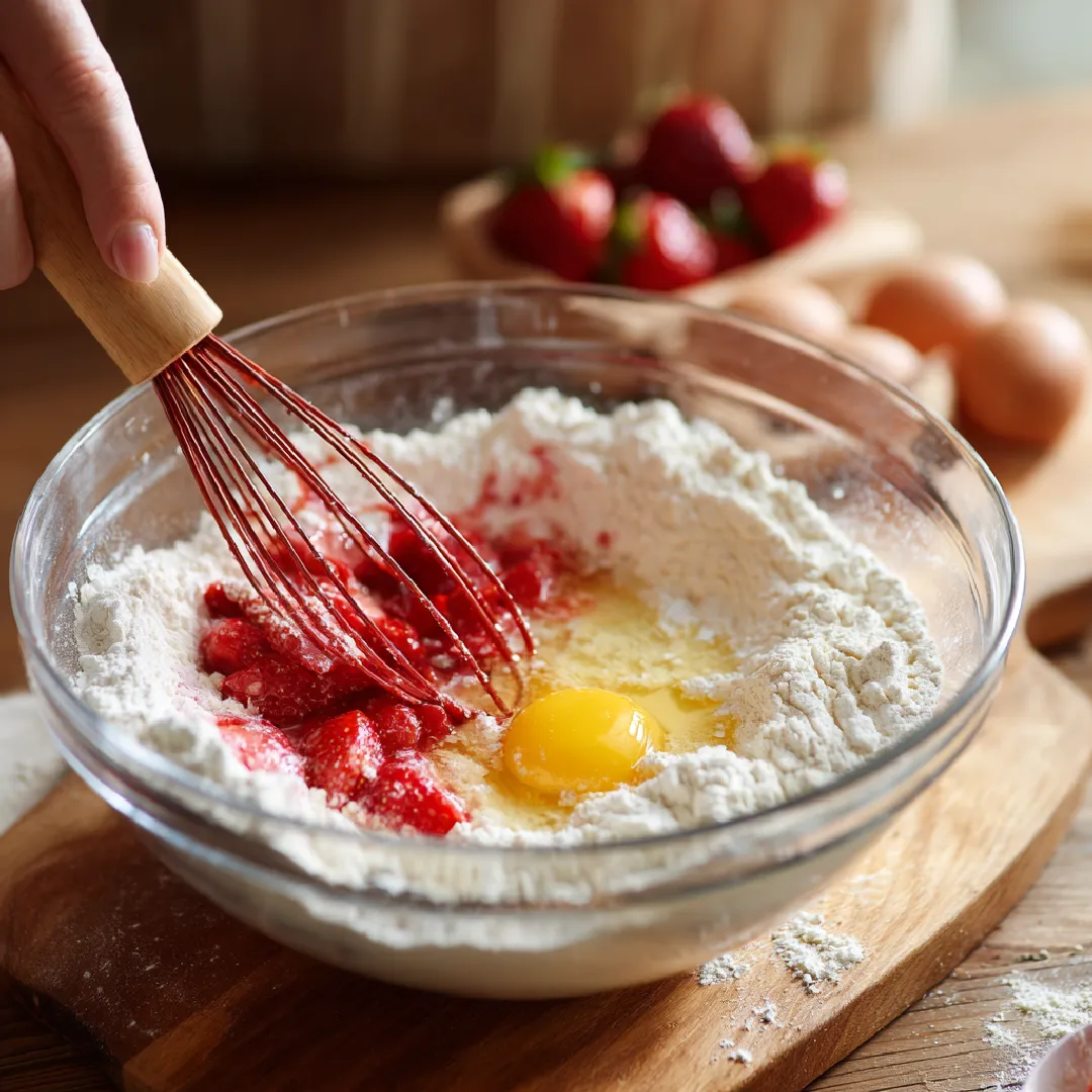 strawberry-crunch-cookies-mix-dough Strawberry cake mix, eggs, and oil being stirred in a bowl