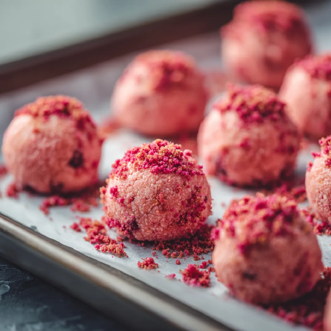 strawberry-crunch-cookies-ready-to-bake Raw strawberry cookie dough balls topped with pink crumb