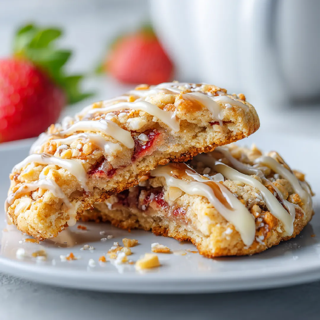 strawberry-crunch-cookies-serving Close-up of strawberry crunch cookie broken to show center