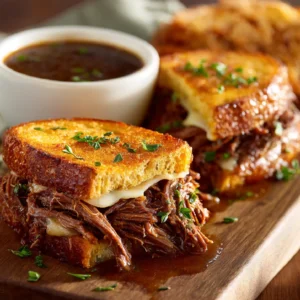 Texas Toast French Dip sandwich with au jus