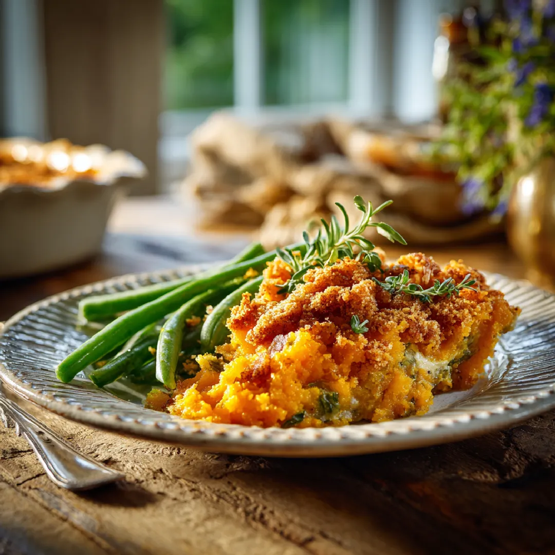 yellow-squash-casserole-plated Serving of yellow squash casserole with fried chicken
