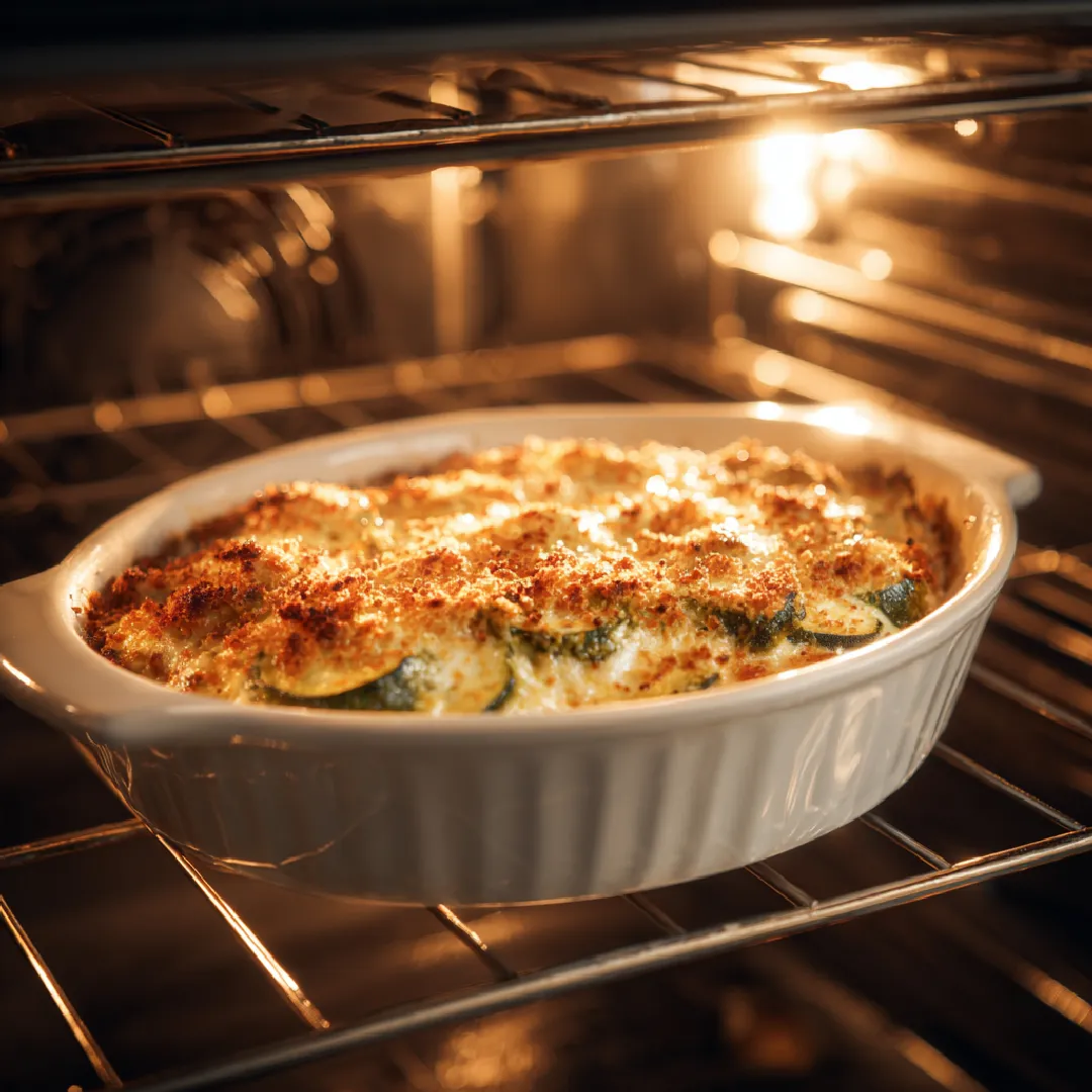 zucchini-casserole-baking-step Zucchini casserole baking in the oven