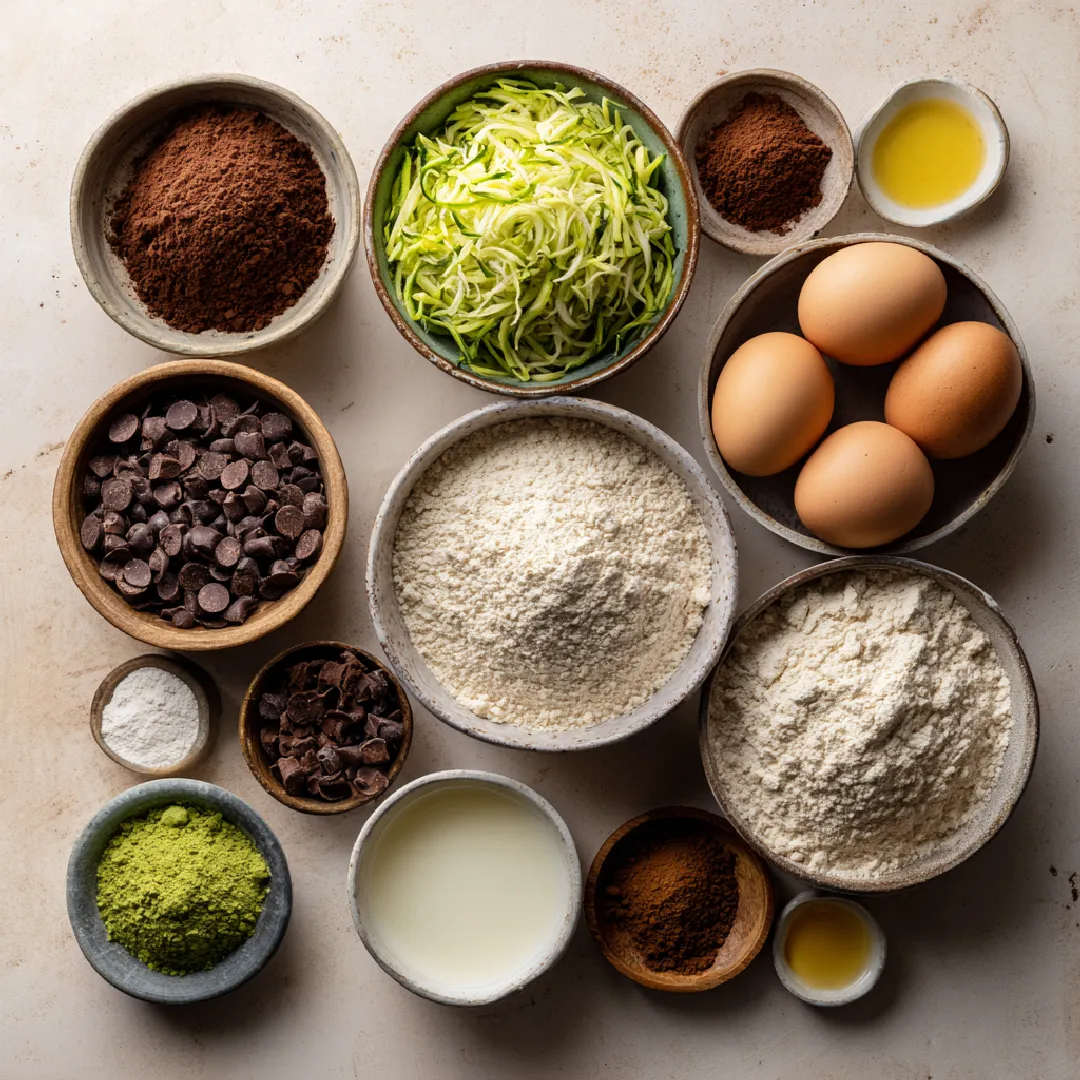 zucchini-chocolate-bread-ingredients Ingredients for zucchini chocolate bread arranged on a kitchen surface