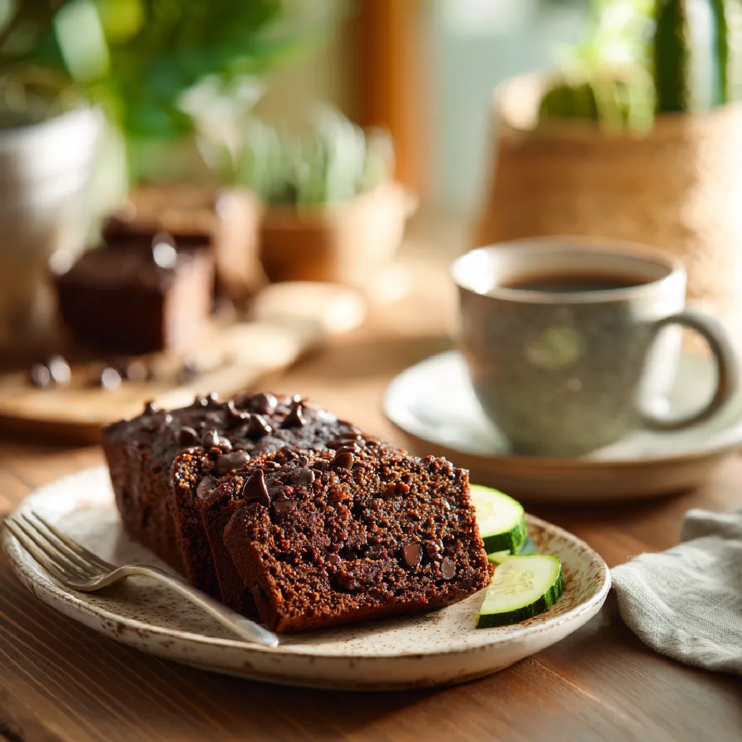 zucchini-chocolate-bread-serving Slices of zucchini chocolate bread served with coffee