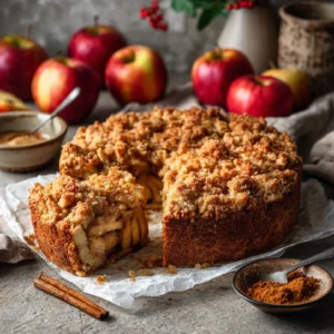 Overhead view of a homemade apple crumb cake with cinnamon topping and fresh apples on the side