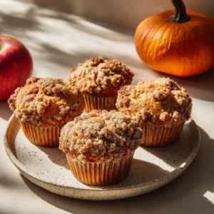 Apple pumpkin streusel muffins on a ceramic plate with a red apple and small pumpkin in the background.