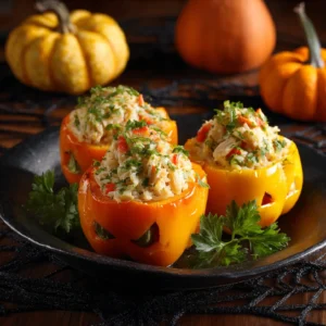 Halloween stuffed peppers with shredded chicken & rice