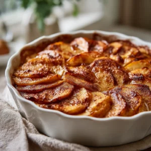 Baked apple slices with cinnamon in a white dish, warm and glazed