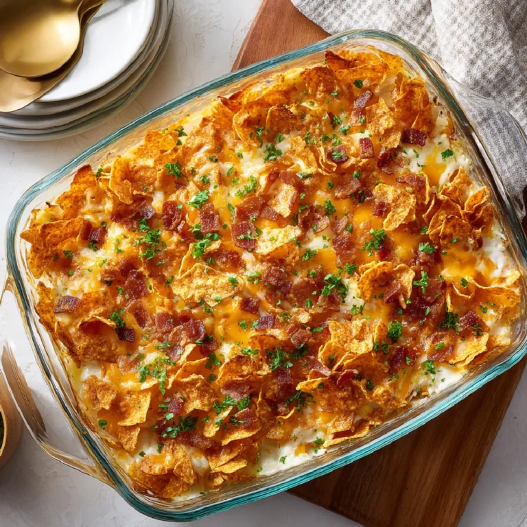 Dorito Casserole with Ground Beef 3 Fully baked Dorito casserole in dish with golden top