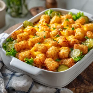 Big Mac Tater Tot Casserole with golden crispy topping