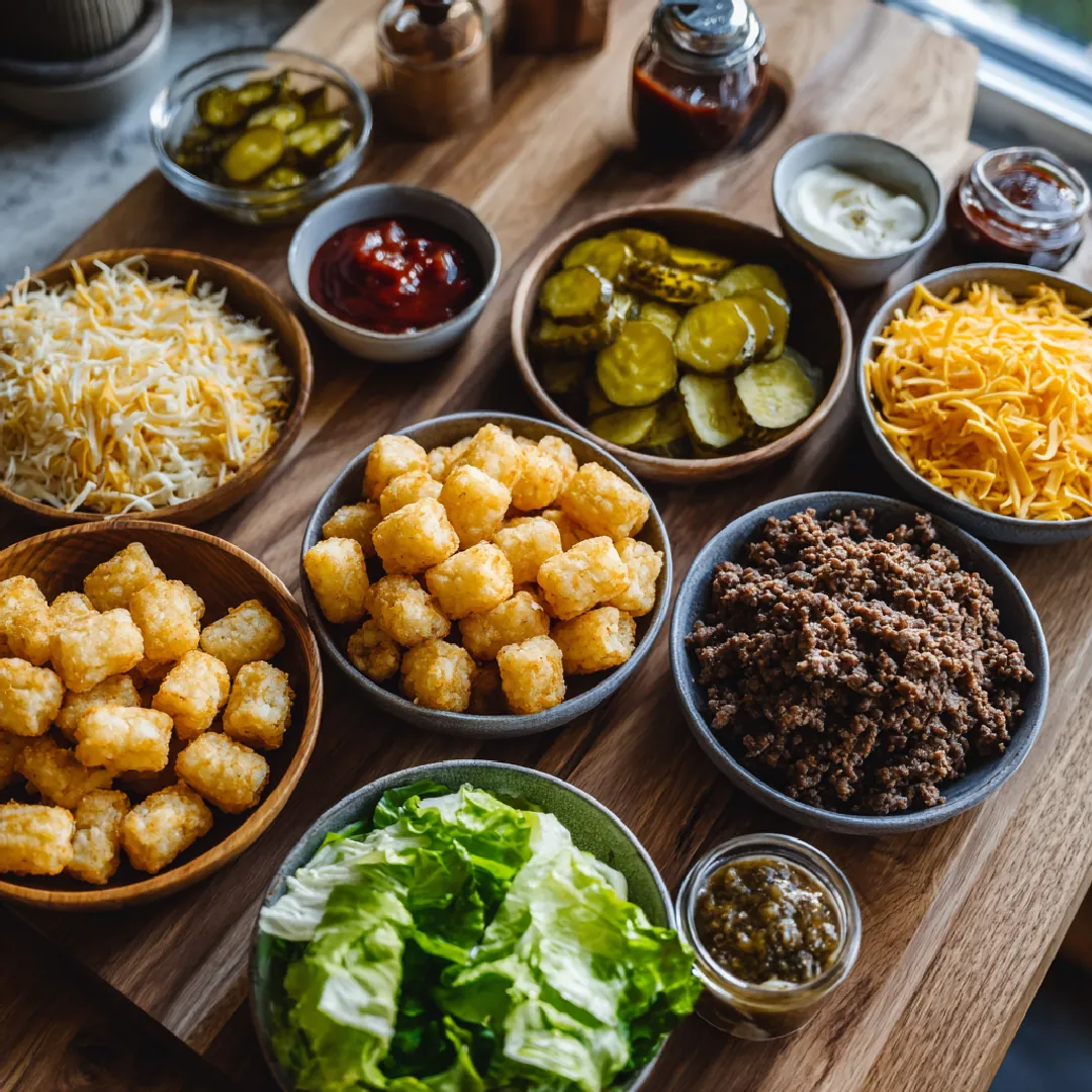 big-mac-tater-tot-casserole-ingredients Big Mac Tater Tot Casserole ingredients flat lay