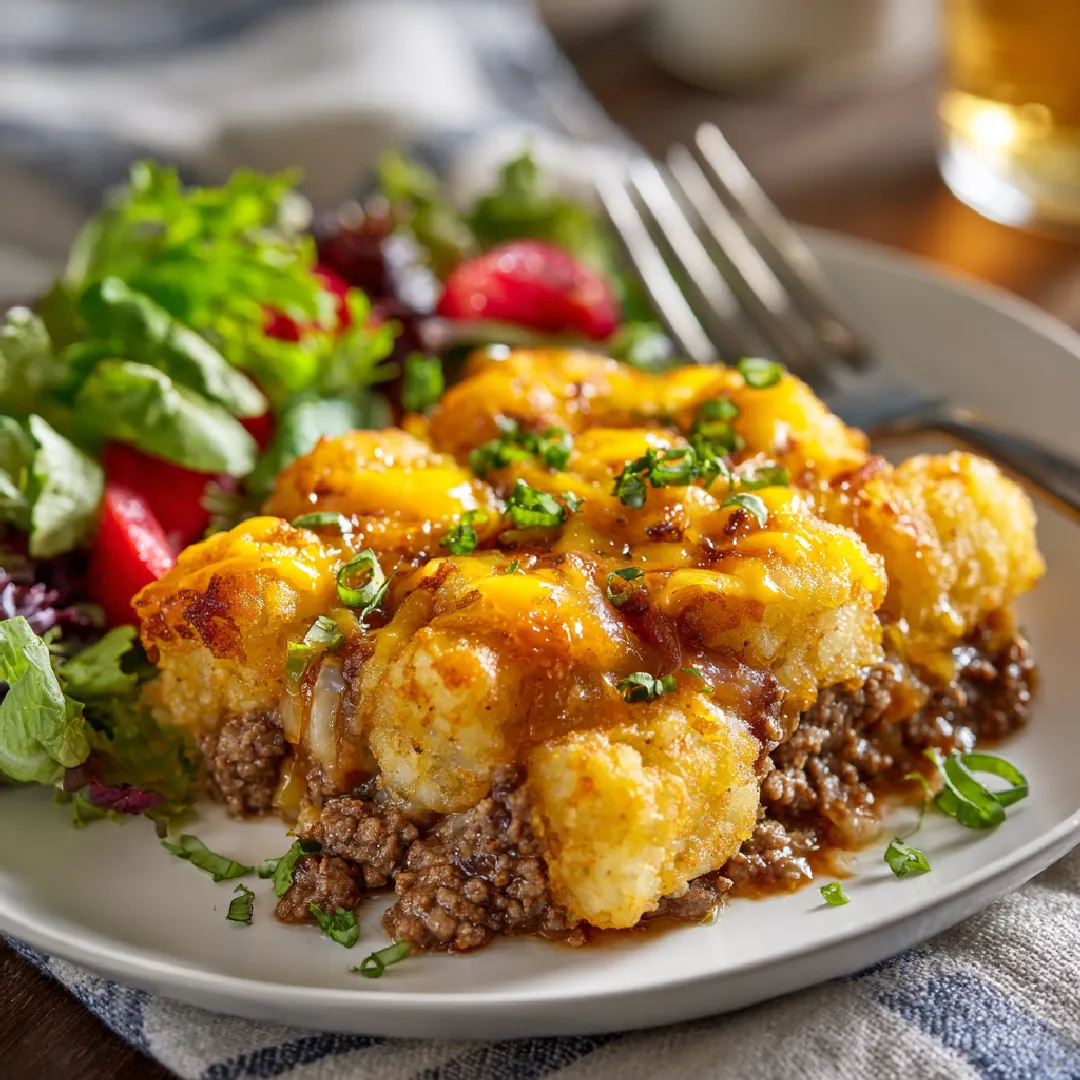 big-mac-tater-tot-casserole-serving Big Mac Tater Tot Casserole served with lettuce and pickles