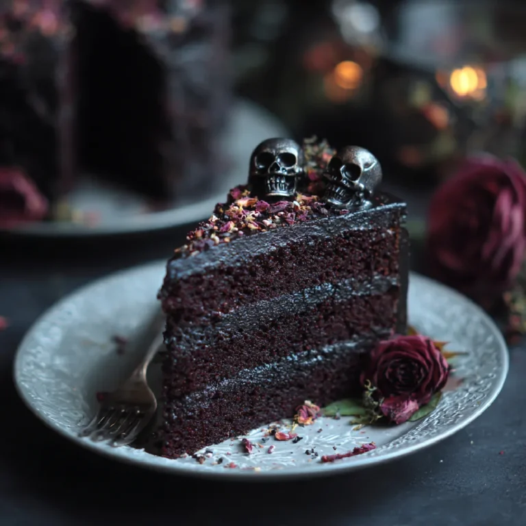 Spooky Black Velvet Halloween Cake 3 Close-up of a slice of black velvet cake with dark chocolate layers and spooky frosting.