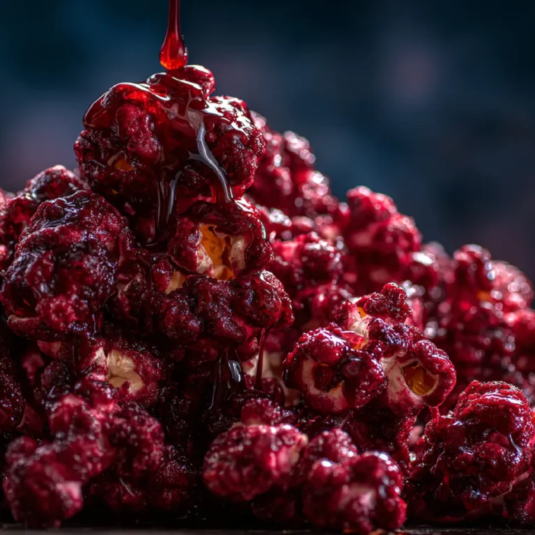 Bloody Red Velvet Popcorn 3 Close-up of bloody red velvet popcorn with thick red syrup and Halloween-themed styling
