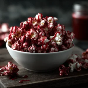 Overhead view of a bowl of bloody red velvet popcorn with glossy red drizzle, styled for Halloween.