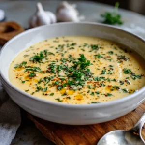 Cheddar Garlic Herb Potato Soup in a bowl