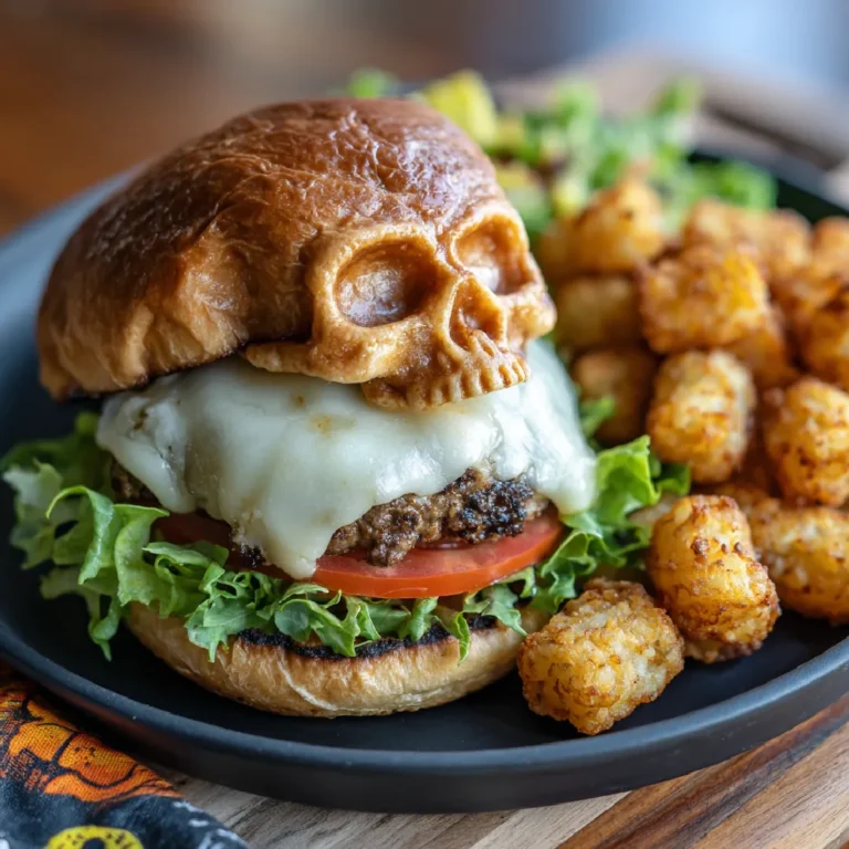 Cheeseburger Skulls Halloween Dinner 3 Golden baked hamburger bun shaped like a smooth skull, for cheeseburger skulls Halloween dinner