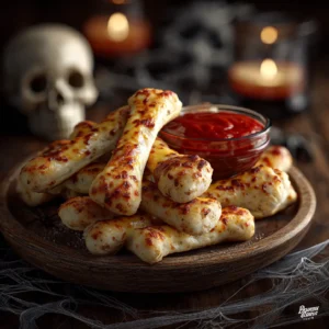 Cheesy Halloween breadstick bones served on a tray with marinara blood dip in a spooky party setting.