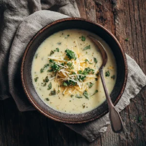 Overhead view of creamy vegetable soup in a bowl with cheese and herbs