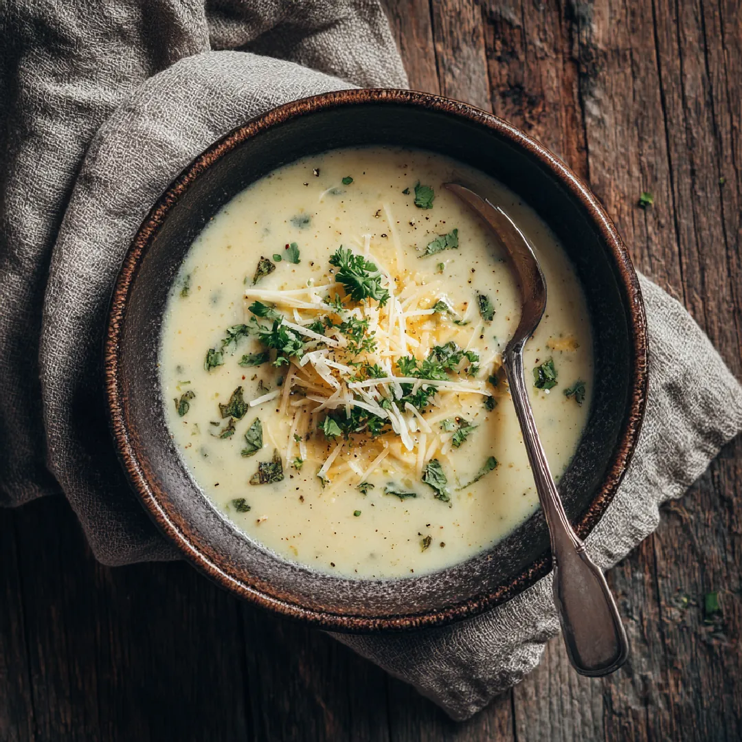 cheesy-vegetable-soup-closeup Overhead view of creamy vegetable soup in a bowl with cheese and herbs