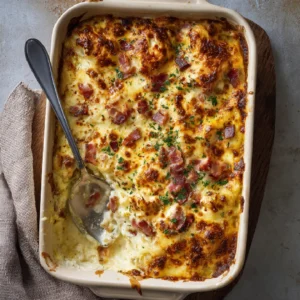 Chicken bacon ranch potato casserole baked in dish