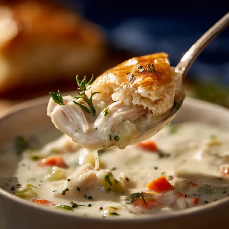 Chicken Pot Pie Soup 3 Spoonful of creamy chicken pot pie soup with vegetables and herbs in sharp detail.