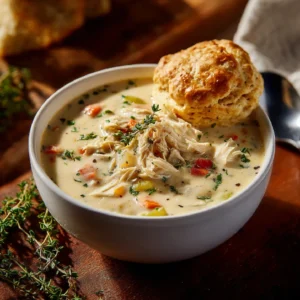 A rustic bowl of creamy chicken pot pie soup with puff pastry on a wooden table