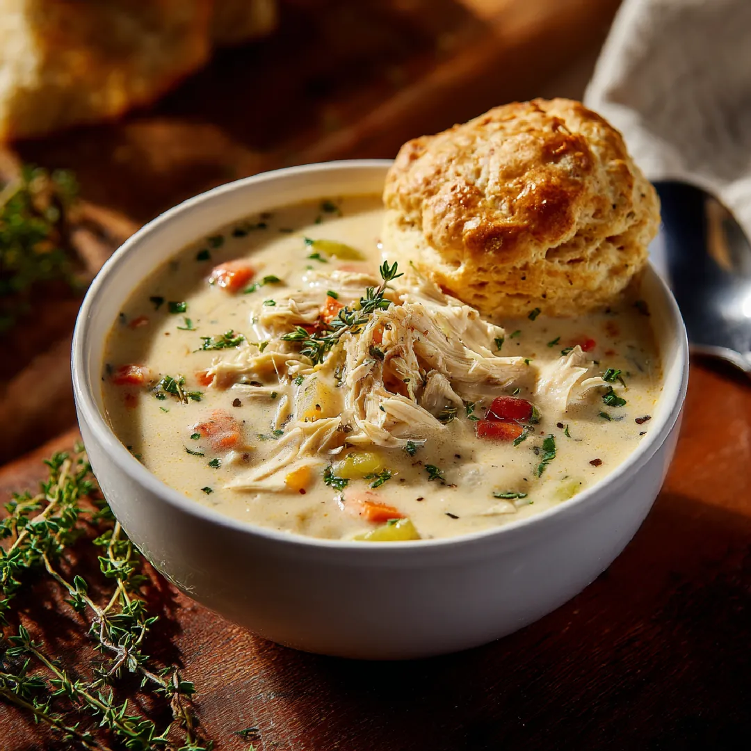 chicken-pot-pie-soup-overview A rustic bowl of creamy chicken pot pie soup with puff pastry on a wooden table