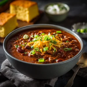 Served chili recipe with toppings and cornbread