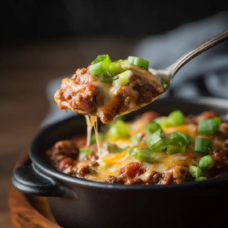 Easy Chili Recipe 3 Close-up of a spoonful of classic beef chili with beans, melted cheese, and fresh green onion garnish