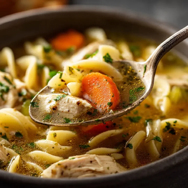 Chicken Noodle Soup 3 Close-up of spoon lifting chicken, noodles, carrots, and celery from a bowl of homemade chicken noodle soup.