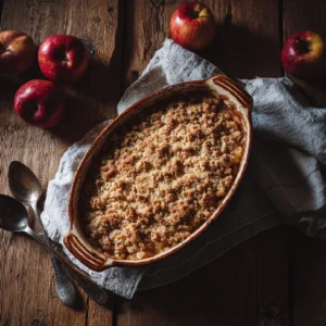 Top-down view of a freshly baked classic apple crisp with golden oat topping in a rustic dish