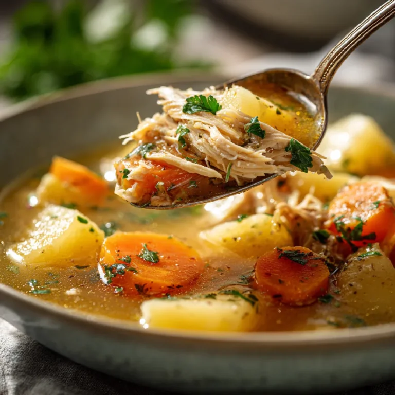 Slow Cooker Chicken Stew Recipe 3 Spoon lifting a bite of chicken stew with potatoes and carrots from a bowl.