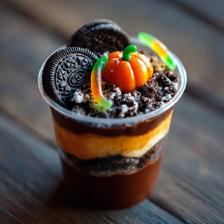 Pumpkin Patch Dirt Cups 3 Close-up of a Halloween Pumpkin Patch Dirt Cup with layered pudding, crushed Oreos, and candy