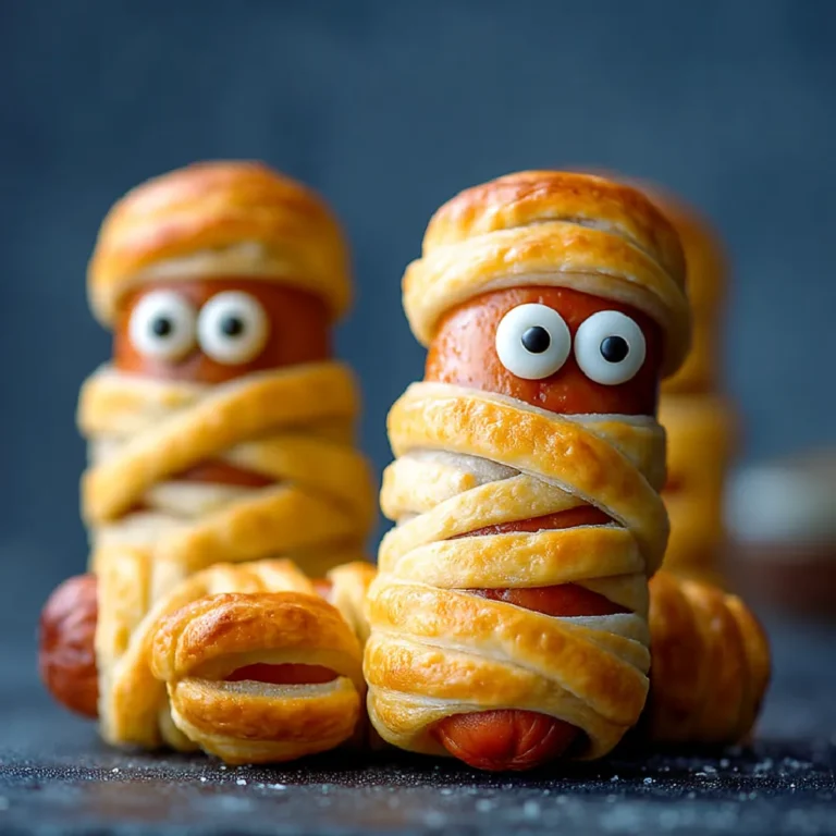 Halloween Sausage Mummies 3 Close-up of flaky Halloween sausage mummies with candy eyes for a Halloween kids’ party