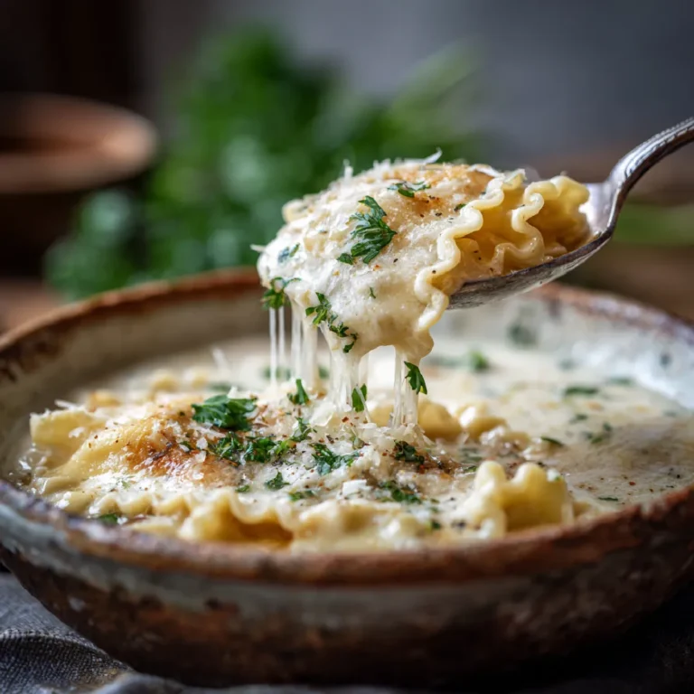Creamy Alfredo Lasagna Soup 3 Close-up of creamy Alfredo lasagna soup with cheesy broth and wavy noodles topped with herbs.