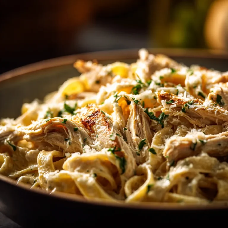Crockpot Garlic Parmesan Chicken Pasta 3 Close-up of shredded garlic parmesan chicken and pasta in creamy sauce