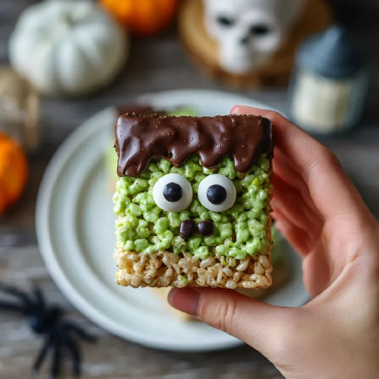 Frankenstein Rice Krispie Treats 3 Close-up of a Frankenstein-themed Rice Krispie Treat with candy eyes and chocolate hair