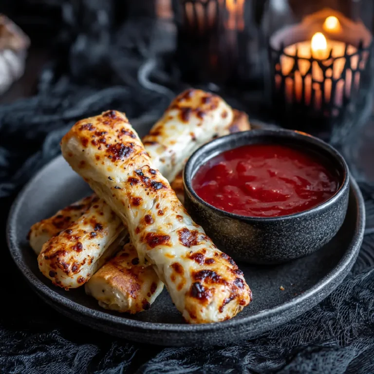 Halloween Breadstick Bones with Bloody Marinara Dip 3 Cheesy Halloween breadstick bones on a dark plate with marinara blood dip on the side.