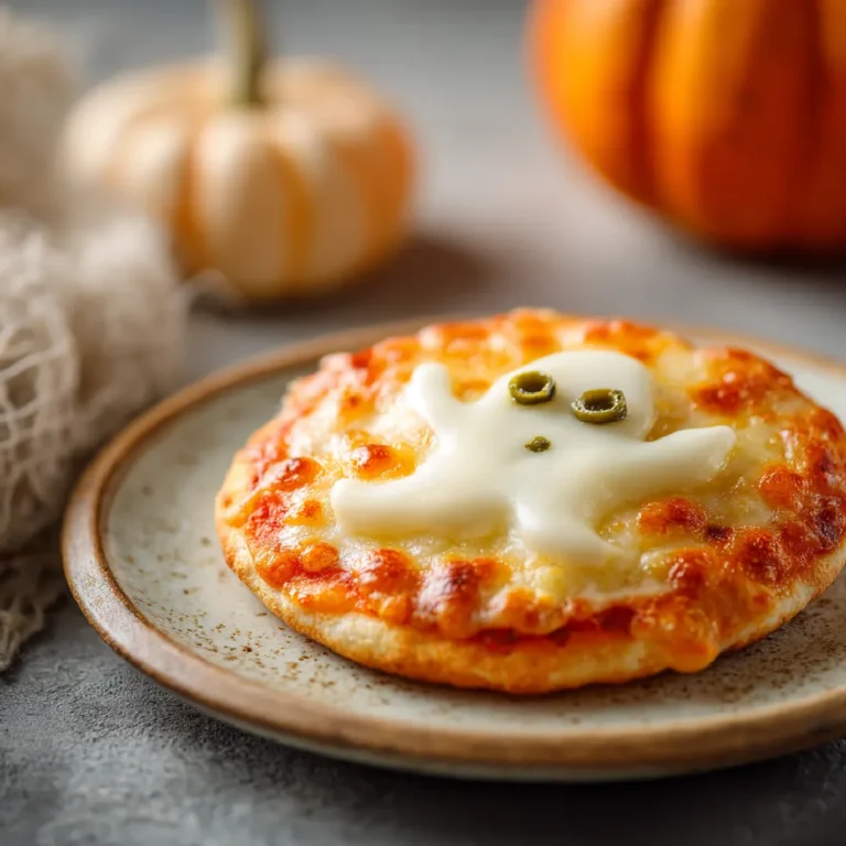 Easy Mini Halloween Pizzas 3 Close-up of a ghost-themed Halloween mini pizza with mozzarella and olive toppings.